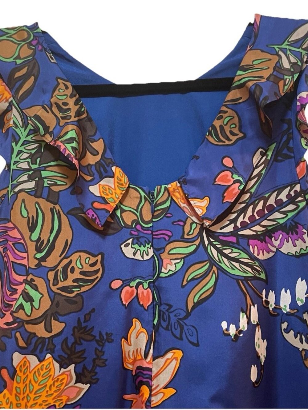 J. CREW Blue Tropical Floral 100% Silk Ruffle Dress Sz 4 - Picture 7 of 8